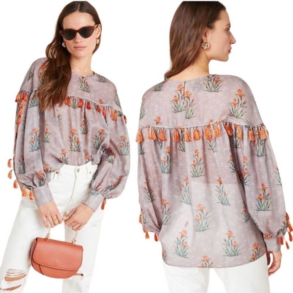 NWT Anthropologie Sachin & Babi Acacia Tasseled Blouse Top Brown Size Medium
